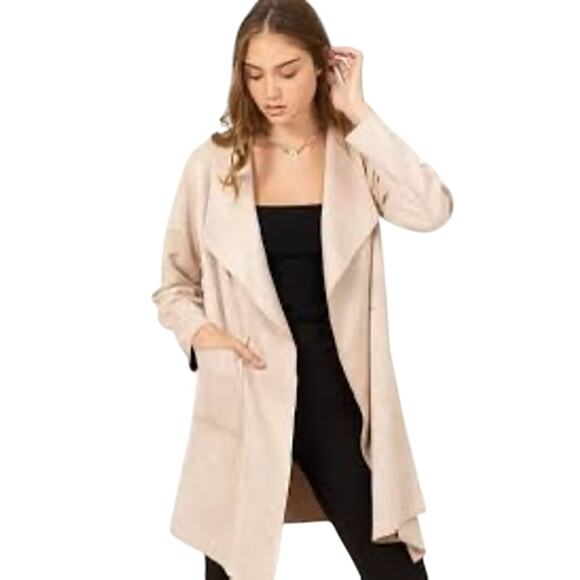 Molly Green Soft Pastel Pink Suede Classic Open Duster Cardigan Jacket Trench L - Picture 1 of 6
